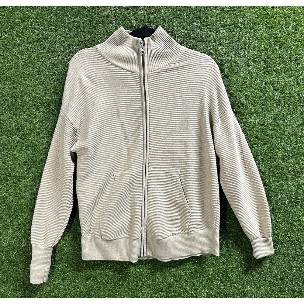 PrettyGarden Women's Rib-Knit Full Zip Mock Neck Cardigan w/ Pockets Beige L